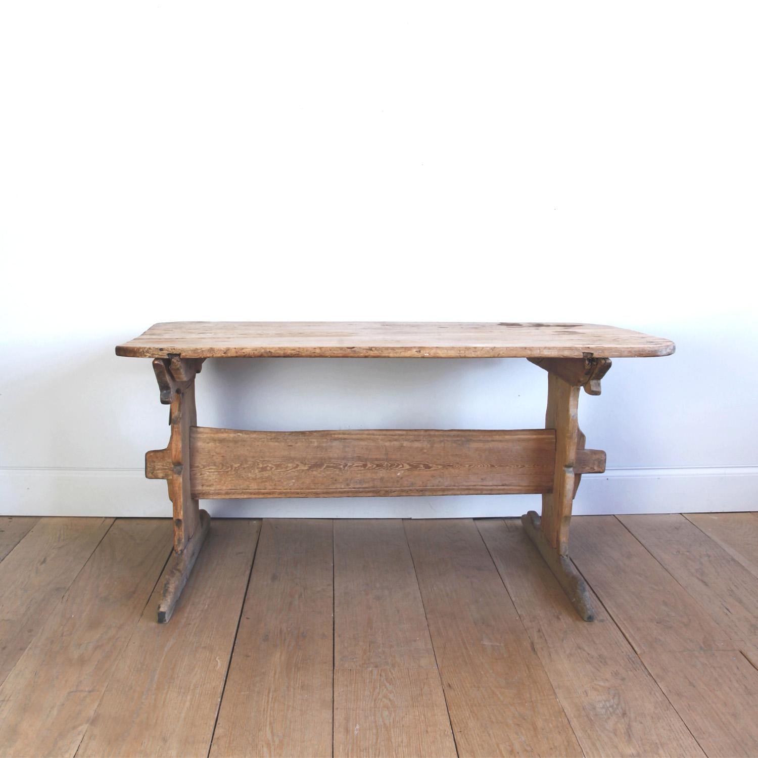 Hand Carved Early 19th Century Swedish Trestle Table In Fair Condition For Sale In Long Island City, NY