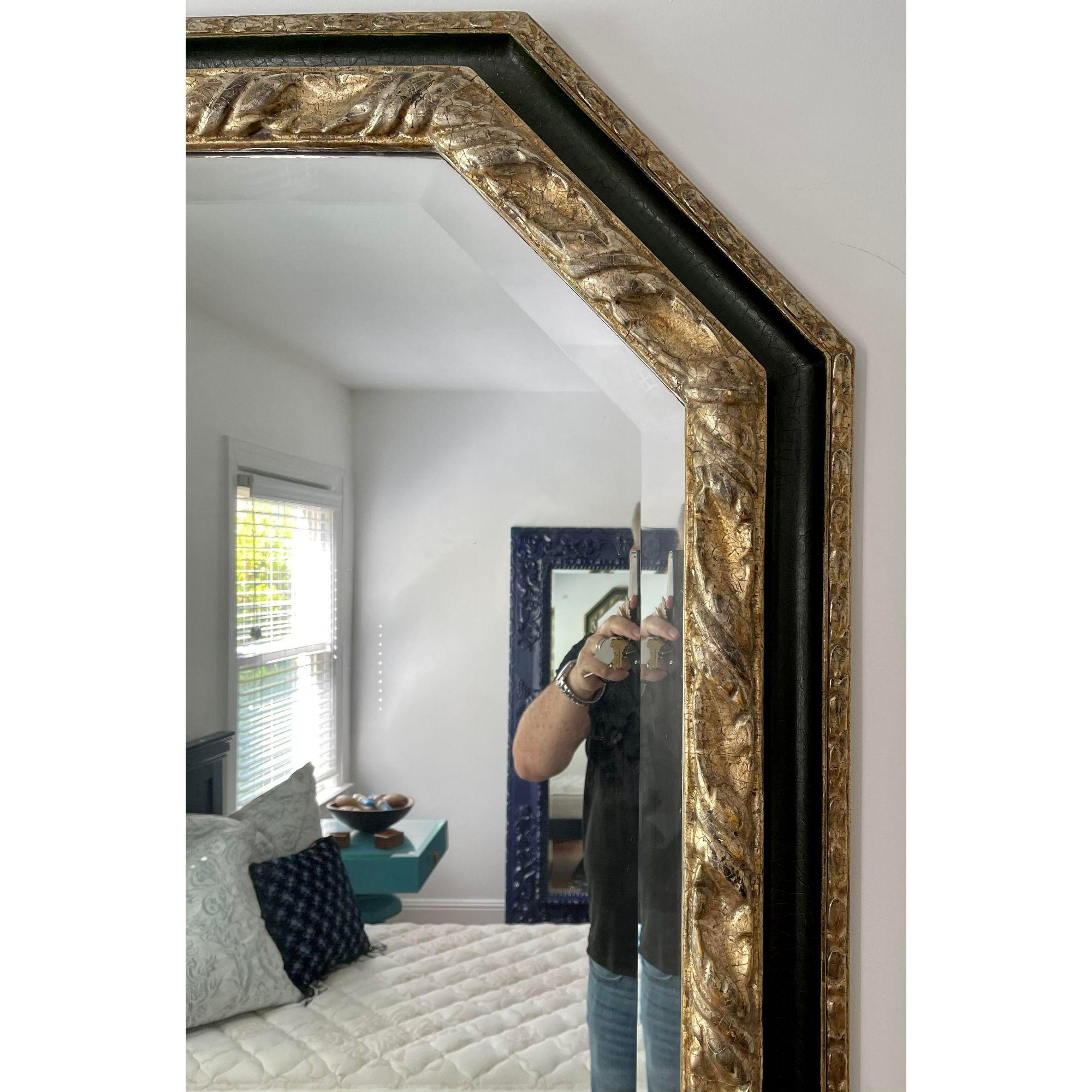 20th Century Hand Carved Ebanista White Gold & Dark Green Octagonal Mirror For Sale