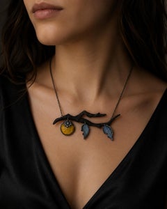 Hand Carved Ebony Branch Necklace with Golden Lepidolite Persimmon, Angelite