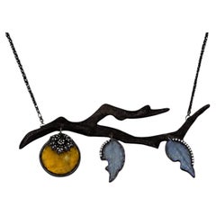 Hand Carved Ebony Branch Necklace with Golden Lepidolite Persimmon, Angelite