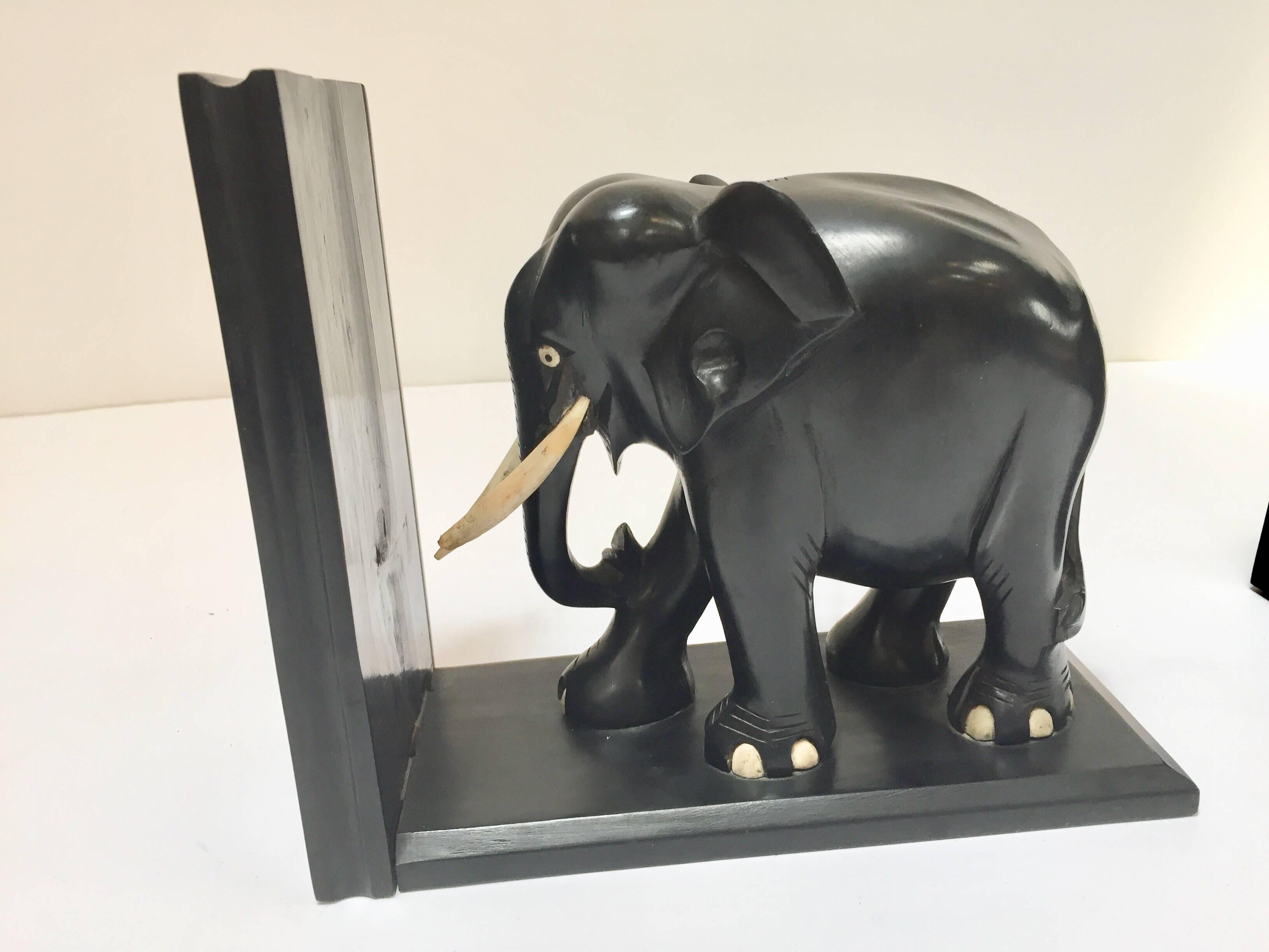 Hand-Carved Large Ebonized African Elephant Bookends, circa 1950 3