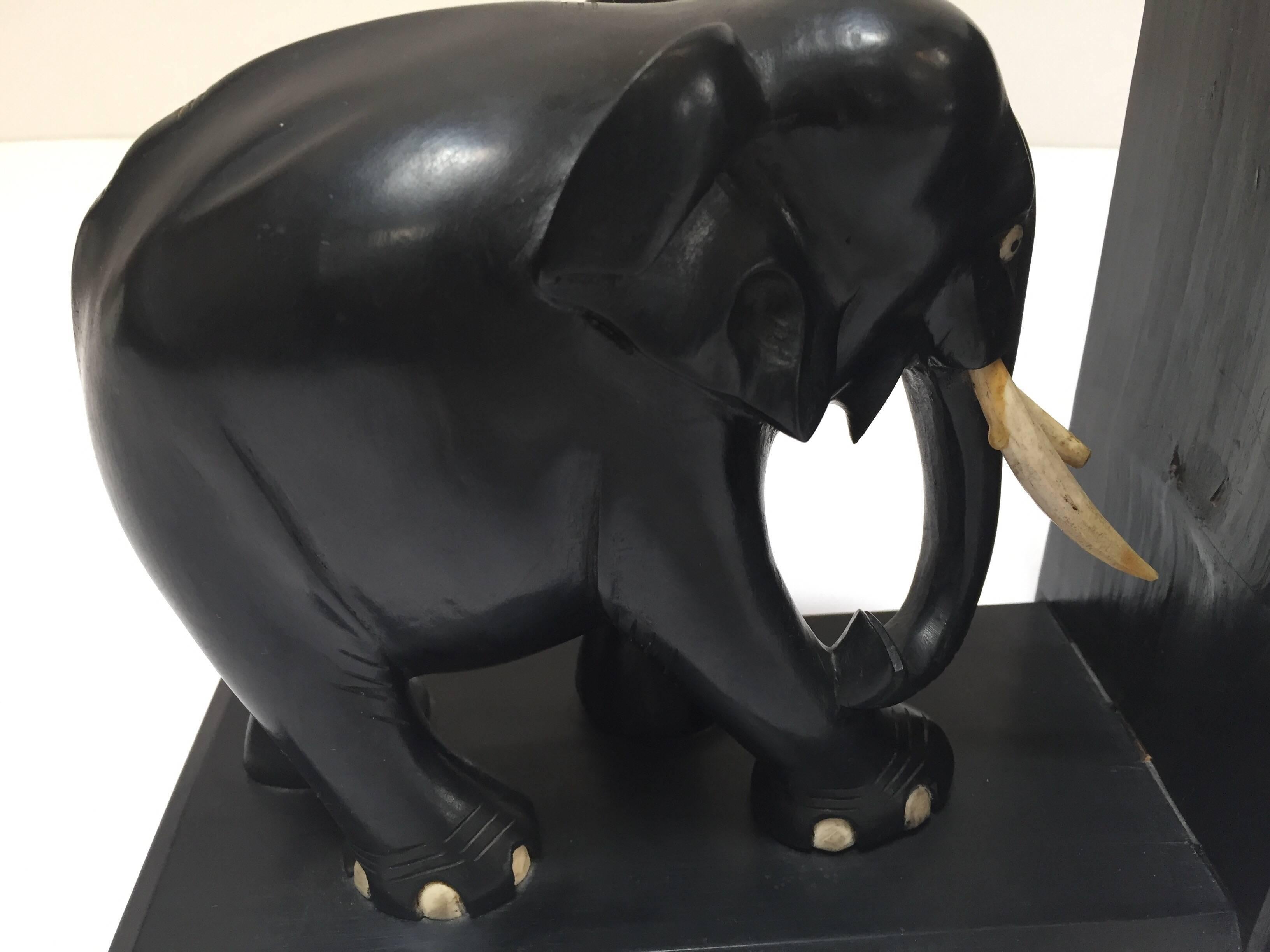 Hand-Carved Large Ebonized African Elephant Bookends, circa 1950 6