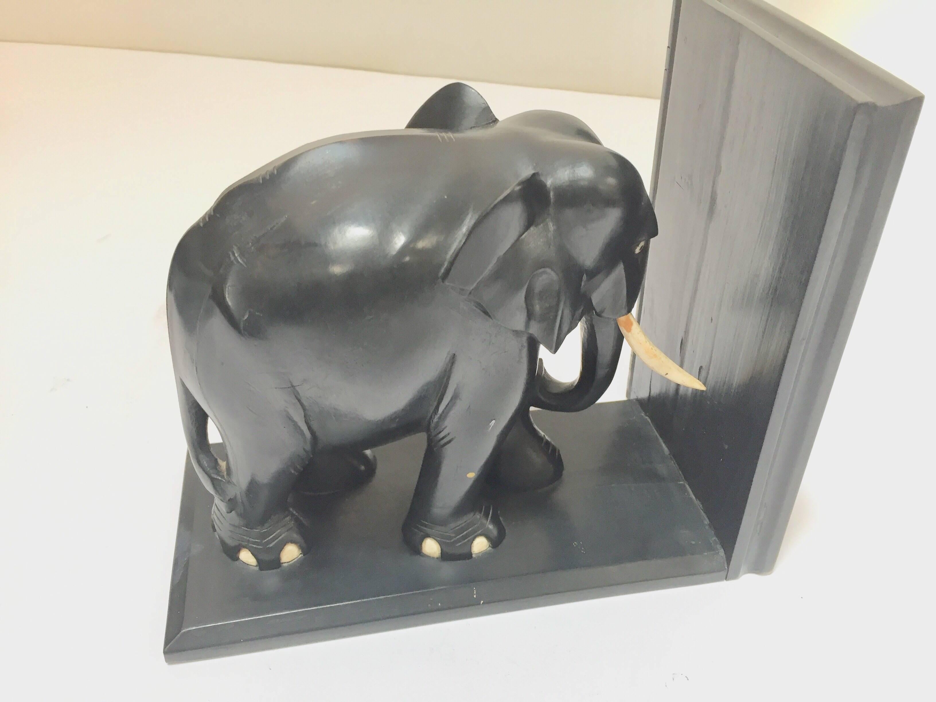 Hand-Carved Large Ebonized African Elephant Bookends, circa 1950 7