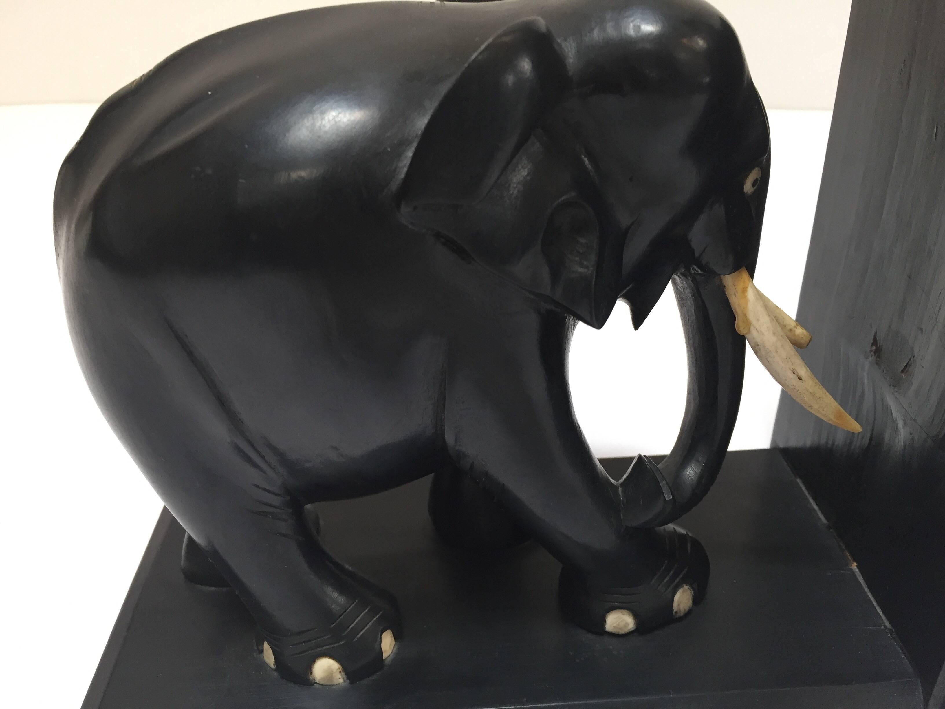Hand-Carved Large Ebonized African Elephant Bookends, circa 1950 9