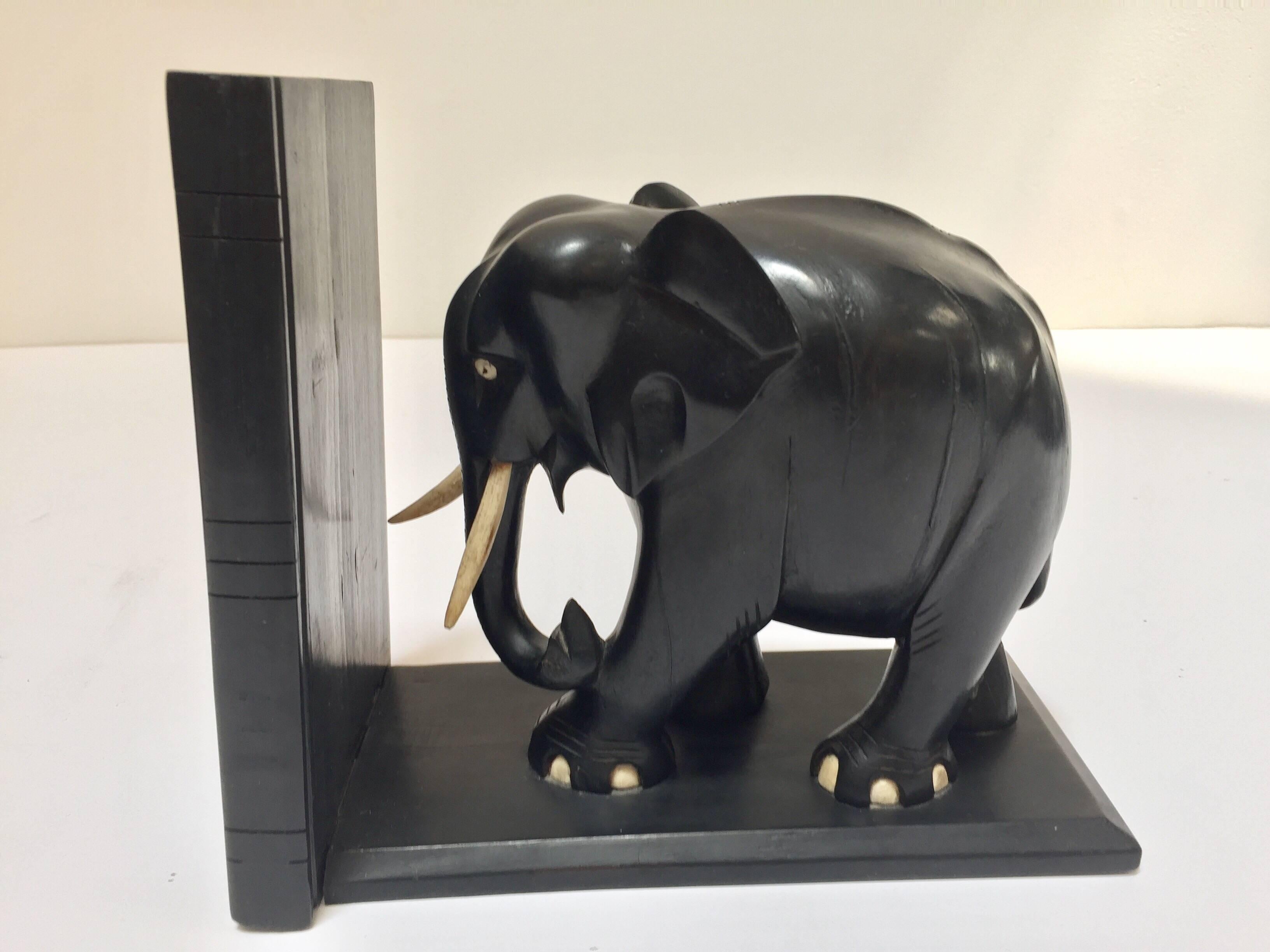 Hand-Carved Large Ebonized African Elephant Bookends, circa 1950 10