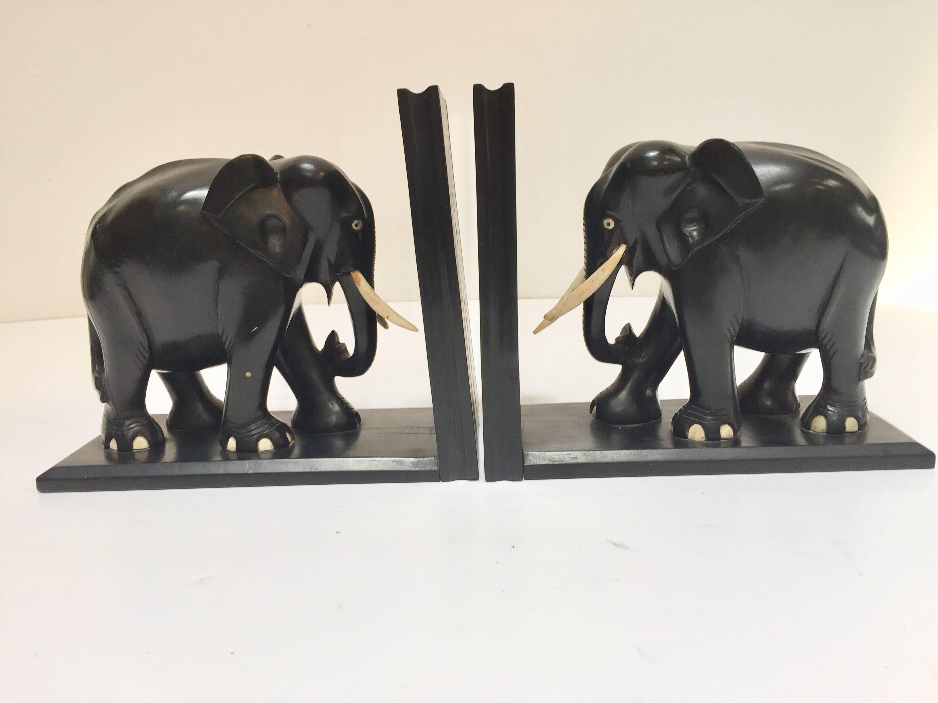 Indian Hand-Carved Large Ebonized African Elephant Bookends, circa 1950