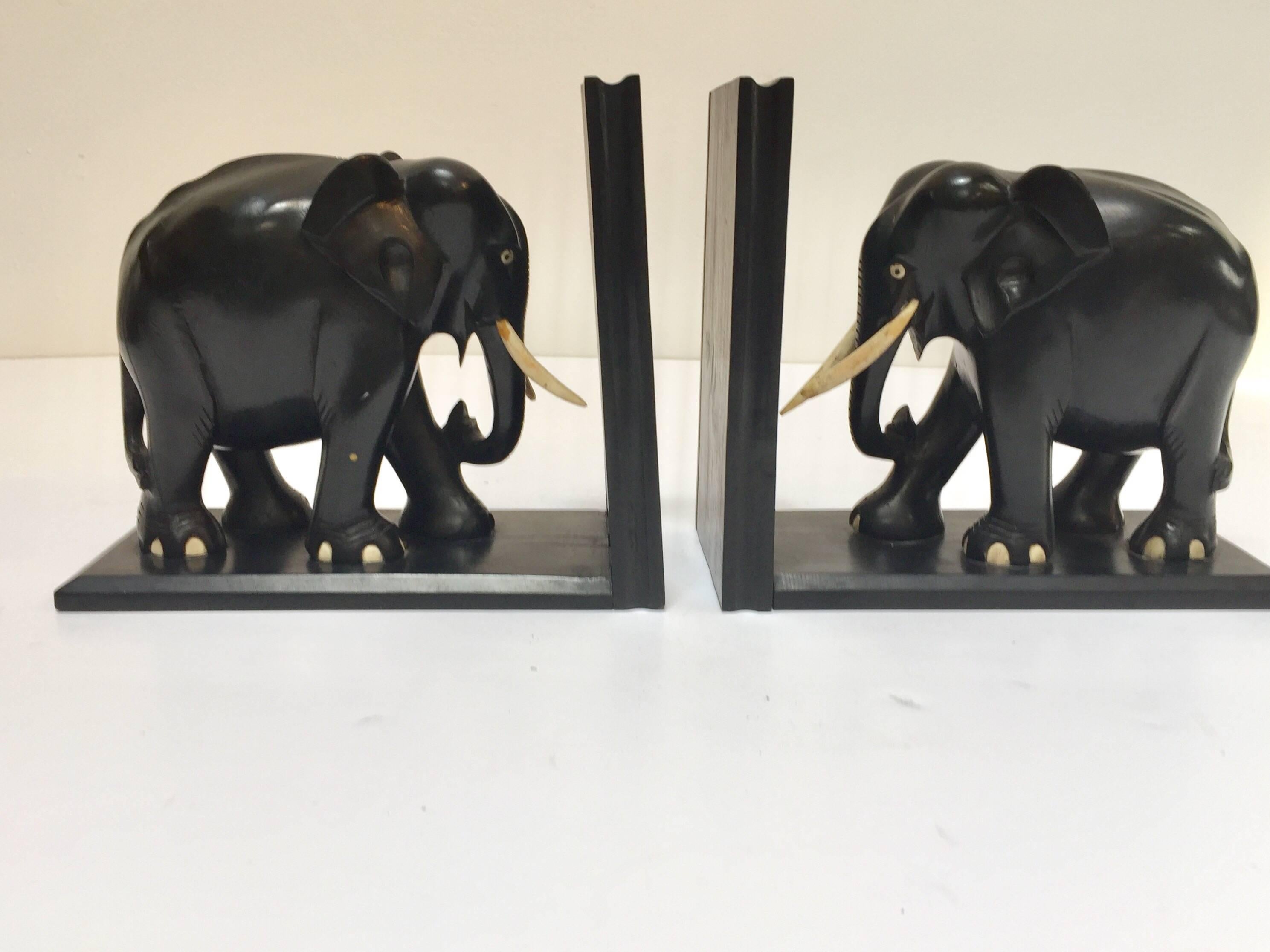 20th Century Hand-Carved Large Ebonized African Elephant Bookends, circa 1950