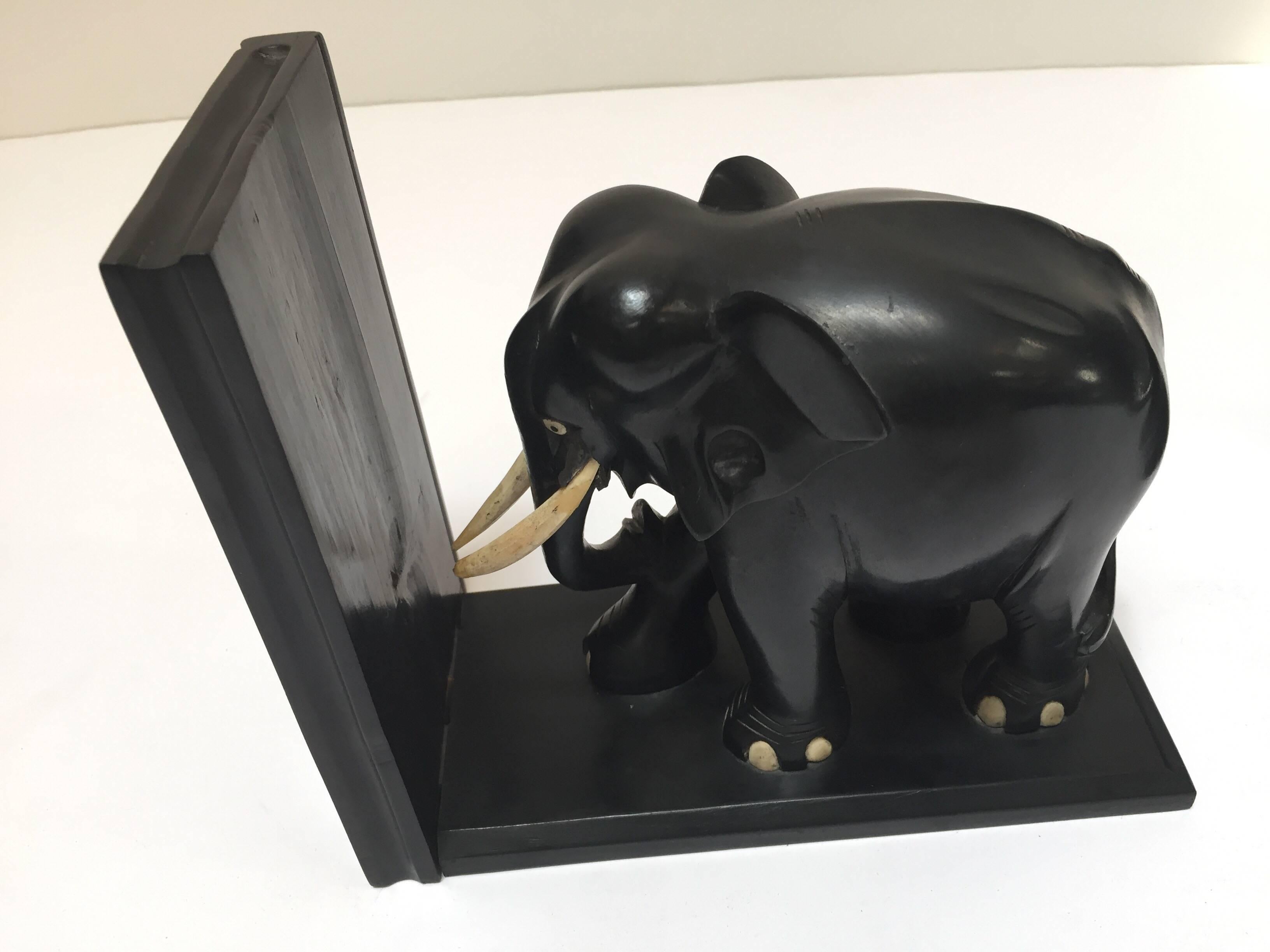 Hand-Carved Large Ebonized African Elephant Bookends, circa 1950 2