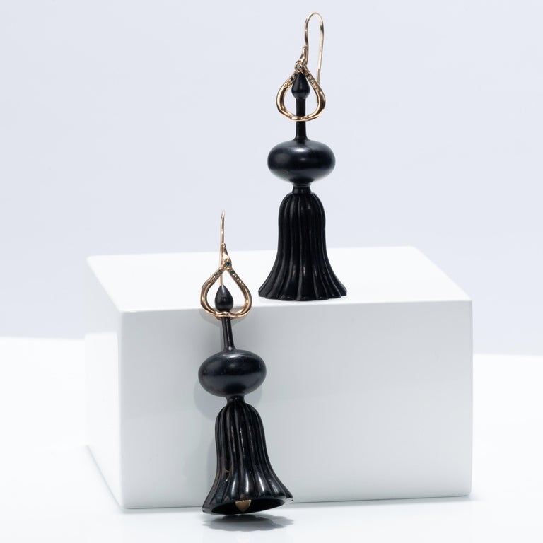 Round Cut Alice Cicolini's Handcarved Ebony Diamond And Ruby Indian Temple Fluted Earrings