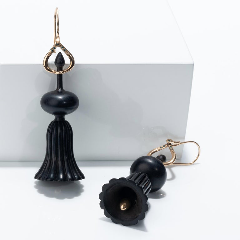 Alice Cicolini's Handcarved Ebony Diamond And Ruby Indian Temple Fluted Earrings In New Condition In London, GB