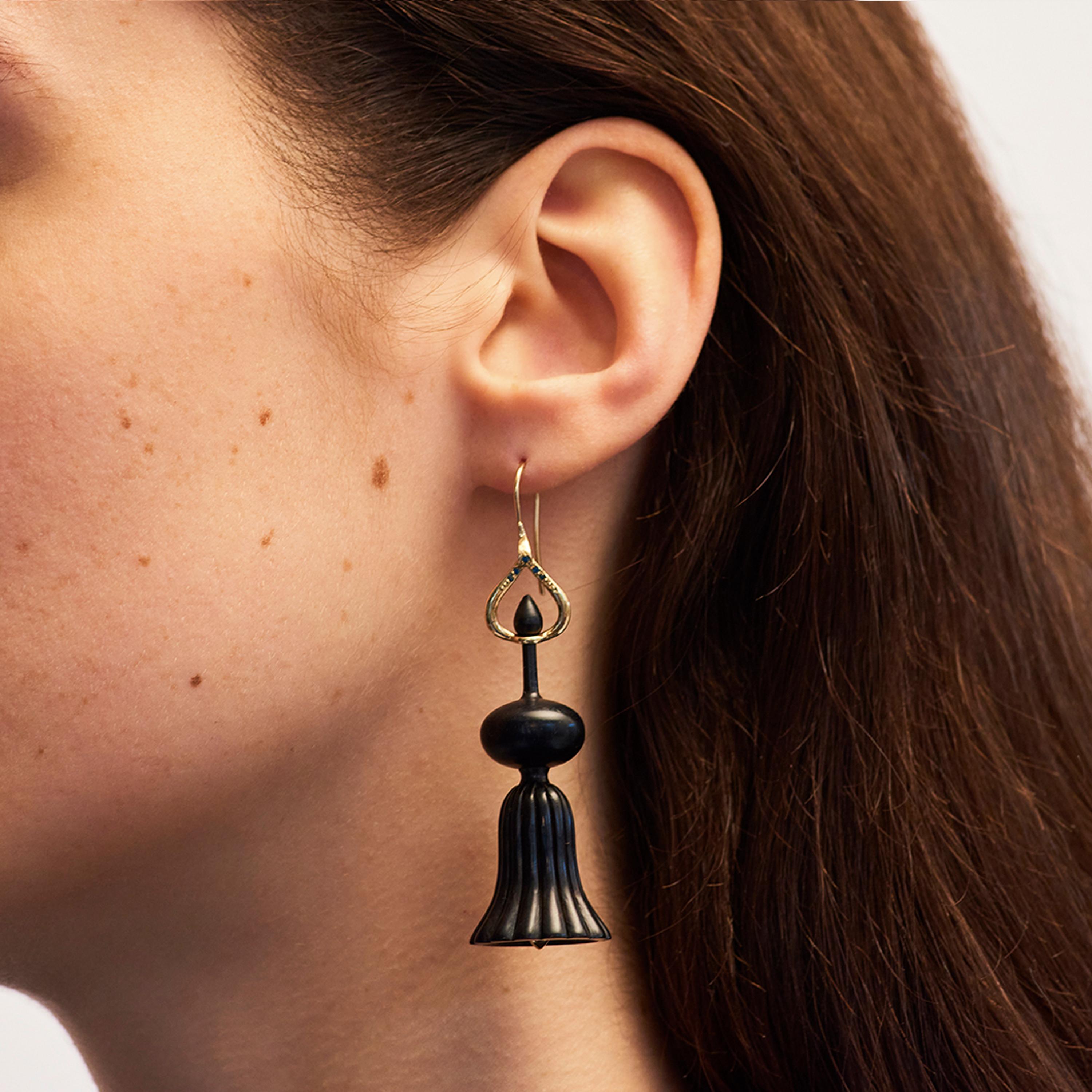 Set in 9 karat yellow gold, Alice Cicolini's elegant Indian Ruby Temple Fluted Earrings  are set with natural Indian polished rubies. Each dome is hand carved in Ebony. These shapes were inspired by the temples of Uzbekistan, where sleek domes are