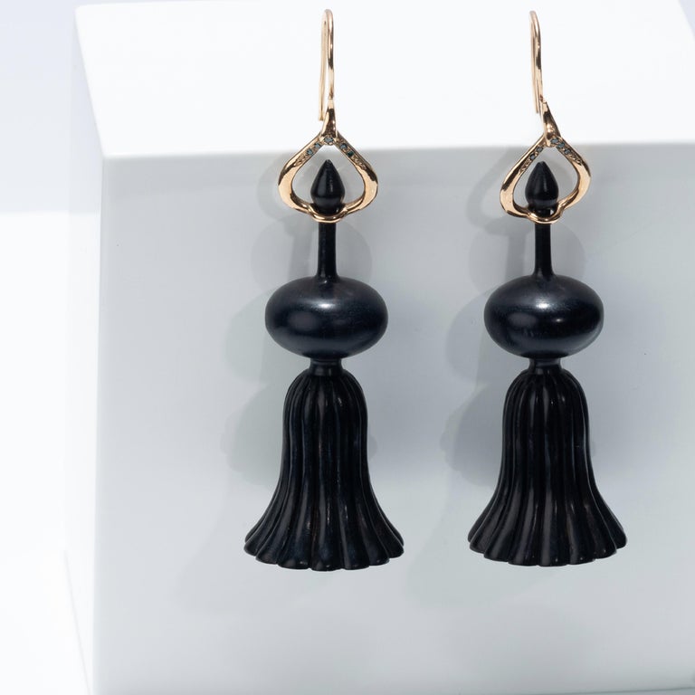 Contemporary Alice Cicolini's Handcarved Ebony Diamond And Ruby Indian Temple Fluted Earrings