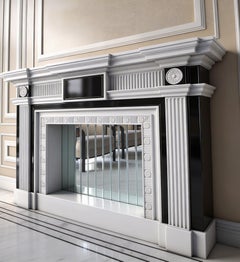 Cheminée décorative en ébène sculpté à la main - laque blanche, miroirs biseautés rayés