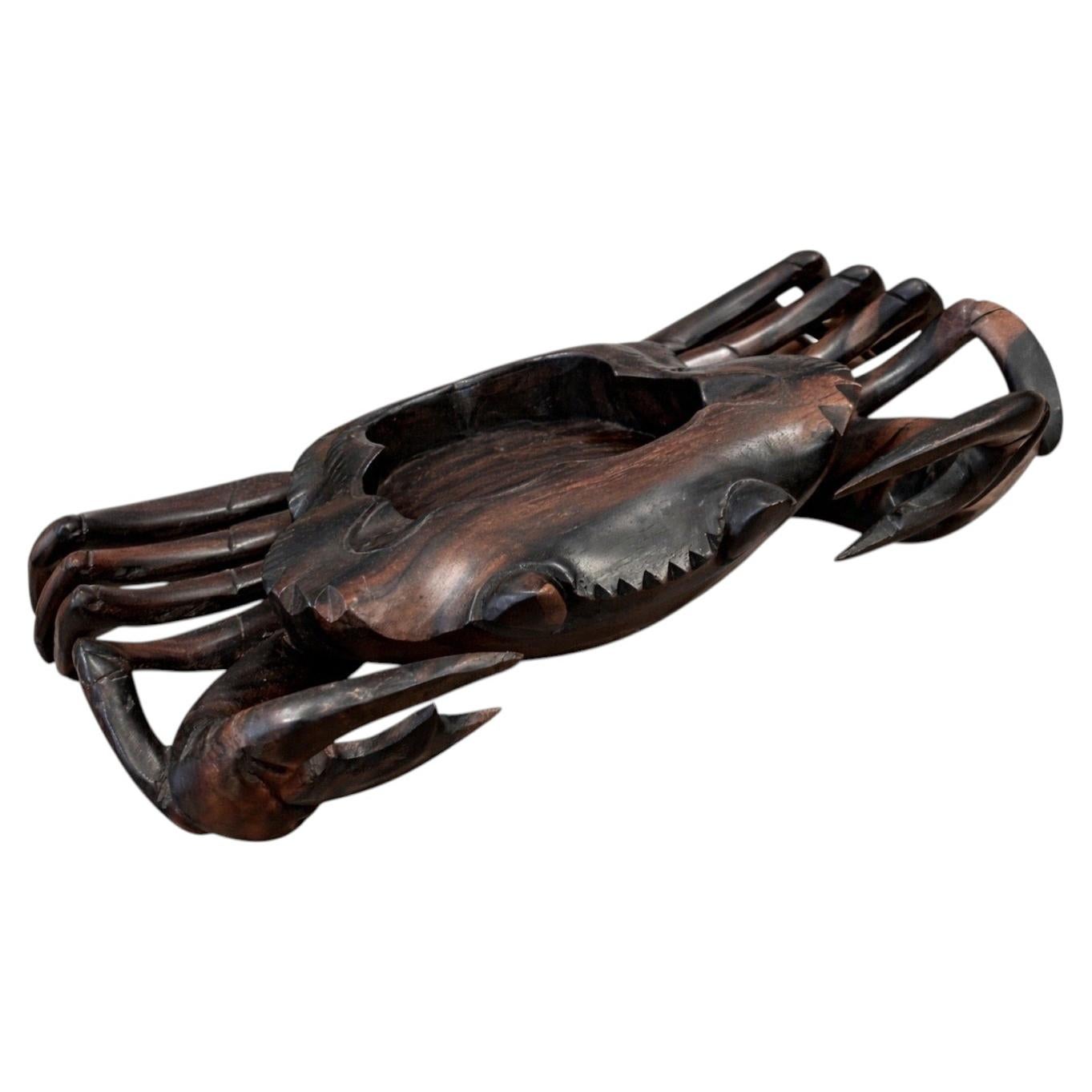 Hand-Carved Ebony Wood Crab Bowl / Sculptural Dish, Southeast Asia, Signed For Sale