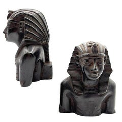 Hand Carved Ebony Wood King Tut Tutankhamen Pharaoh Bust Book Ends Signed 1974