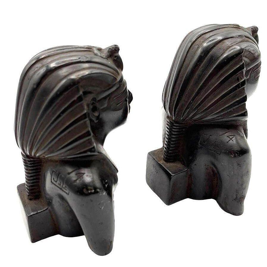 Egyptian Hand Carved Ebony Wood King Tut Tutankhamen Pharaoh Bust Book Ends Signed 1974 For Sale