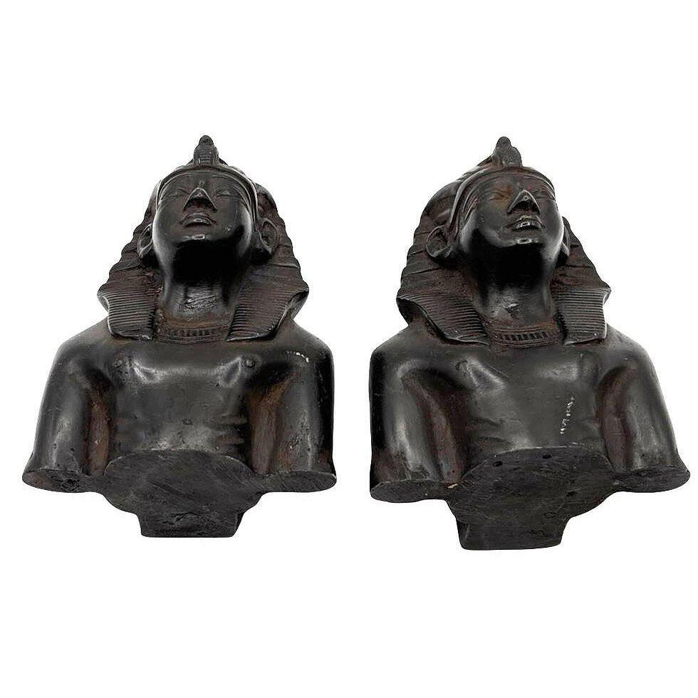 Late 20th Century Hand Carved Ebony Wood King Tut Tutankhamen Pharaoh Bust Book Ends Signed 1974 For Sale