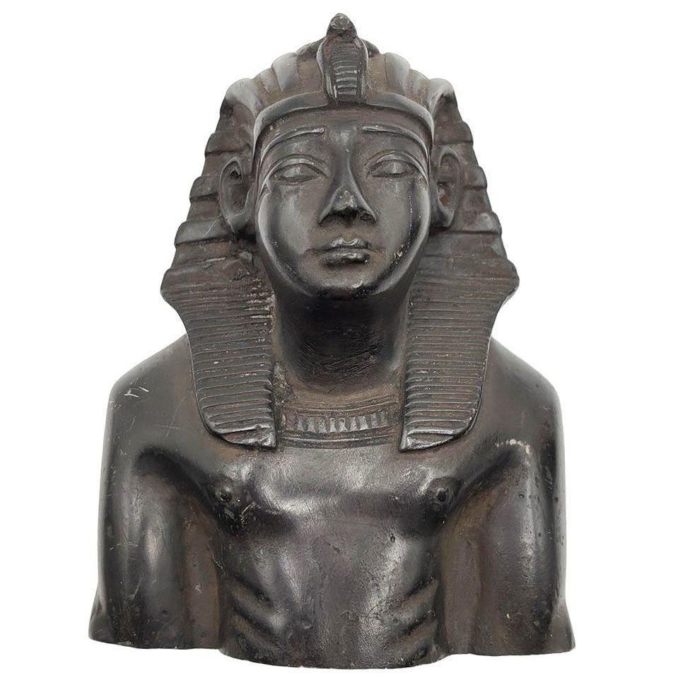 Hand Carved Ebony Wood King Tut Tutankhamen Pharaoh Bust Book Ends Signed 1974 For Sale 1