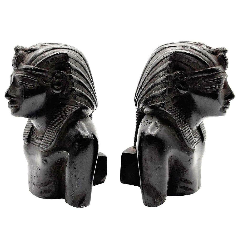 Hand Carved Ebony Wood King Tut Tutankhamen Pharaoh Bust Book Ends Signed 1974 For Sale 3