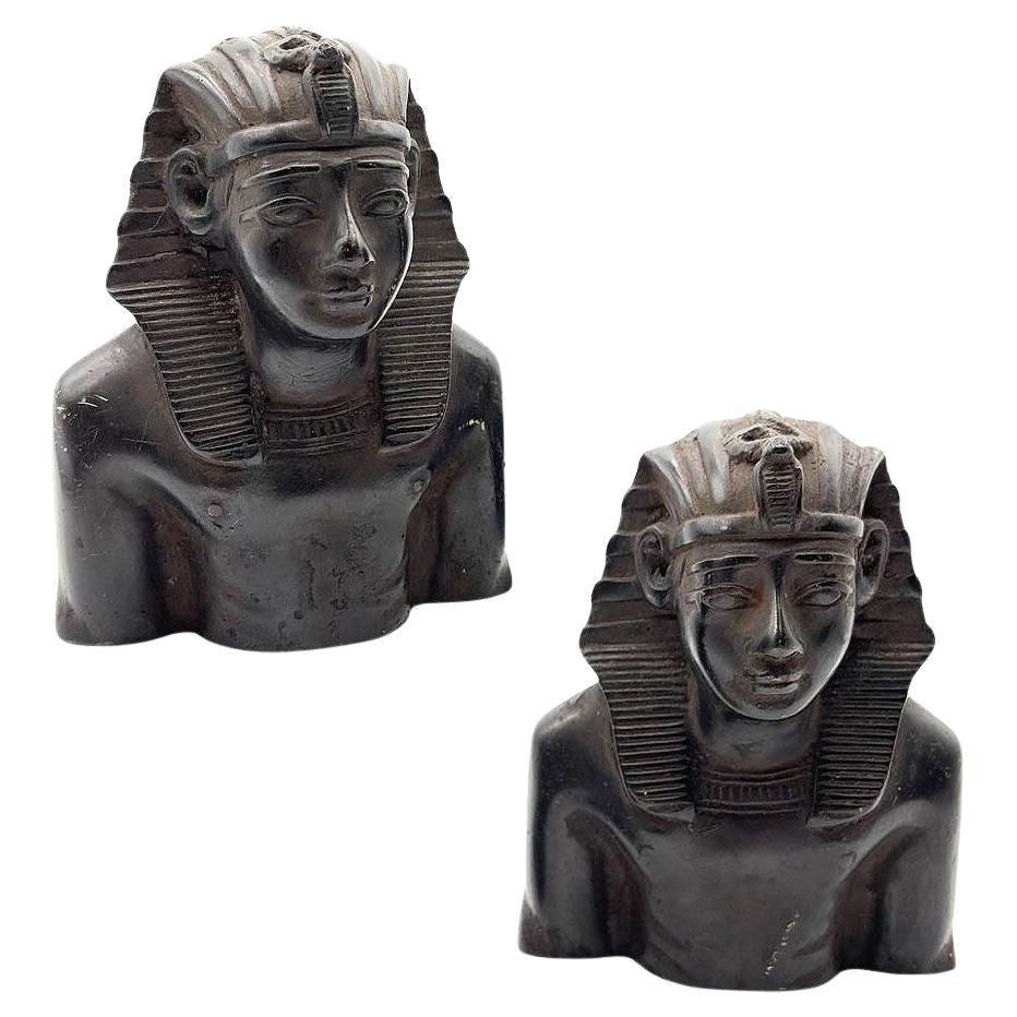 Hand Carved Ebony Wood King Tut Tutankhamen Pharaoh Bust Book Ends Signed 1974 For Sale