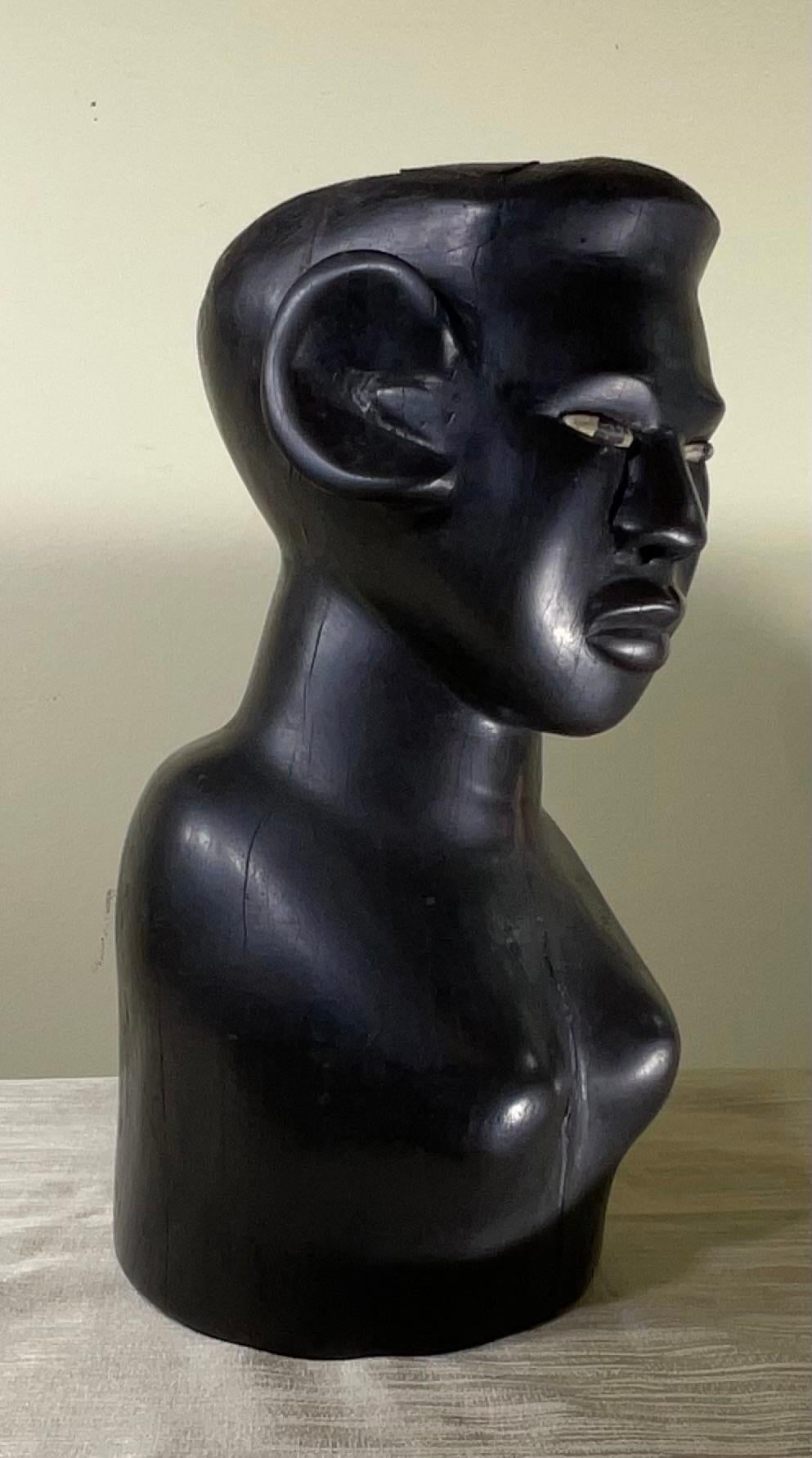 Hand-Carved Ebony Wood Sculpture with Inlaid Eyes For Sale 9