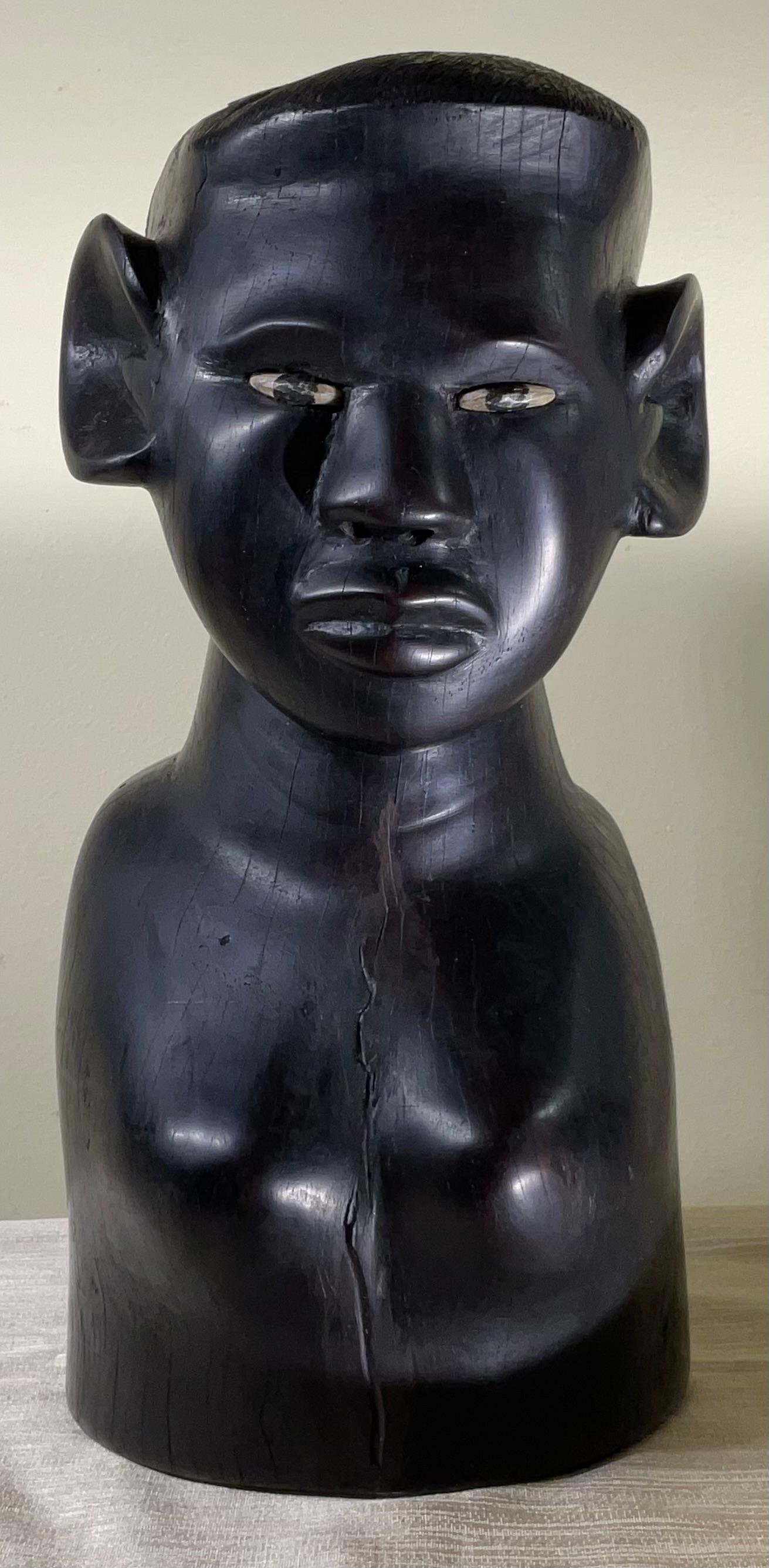 Hand-Carved Ebony Wood Sculpture with Inlaid Eyes For Sale 11