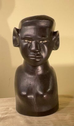 Hand-Carved Ebony Wood Sculpture with Inlaid Eyes, 20th Century Art