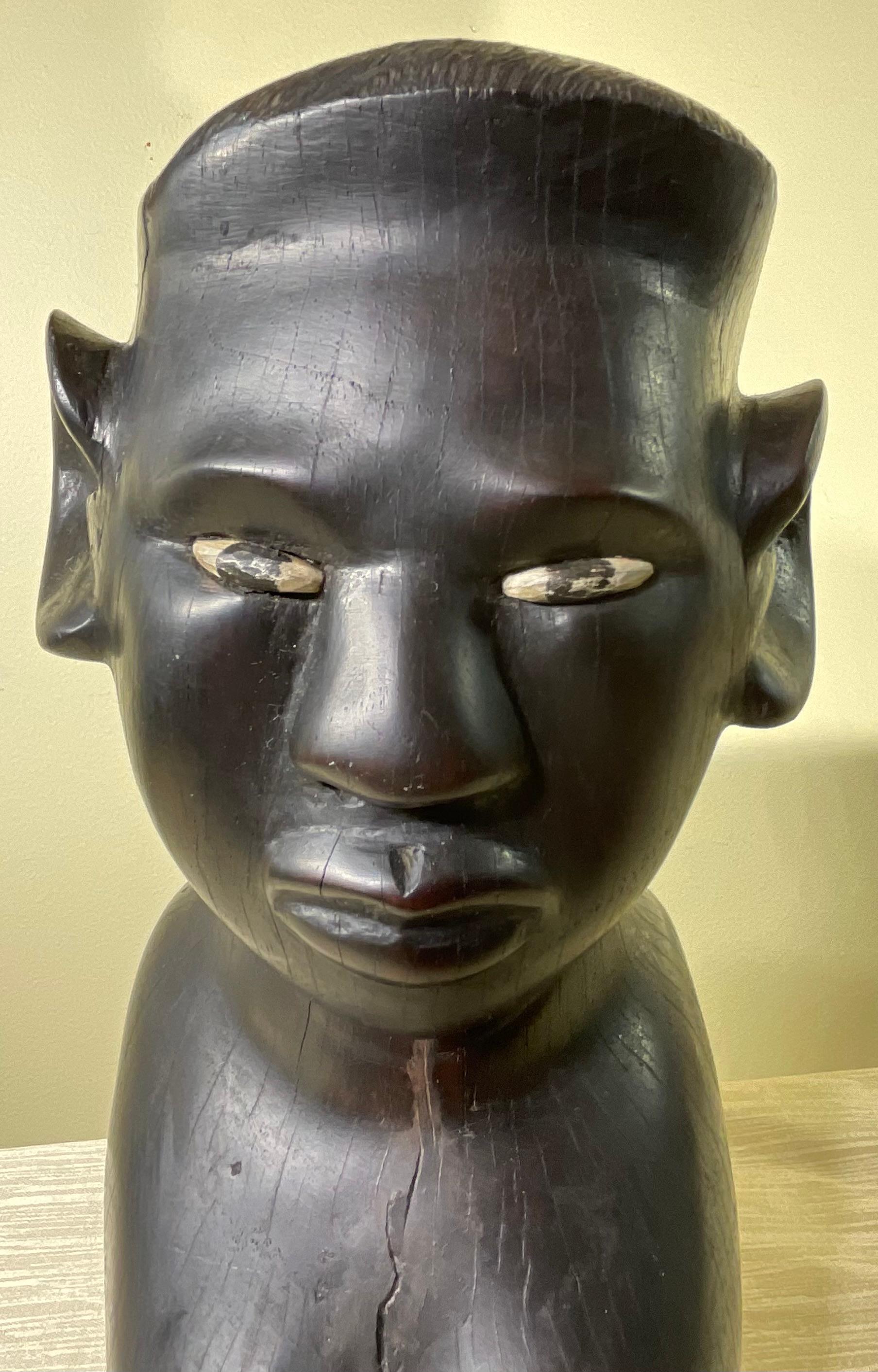 20th Century Hand-Carved Ebony Wood Sculpture with Inlaid Eyes For Sale