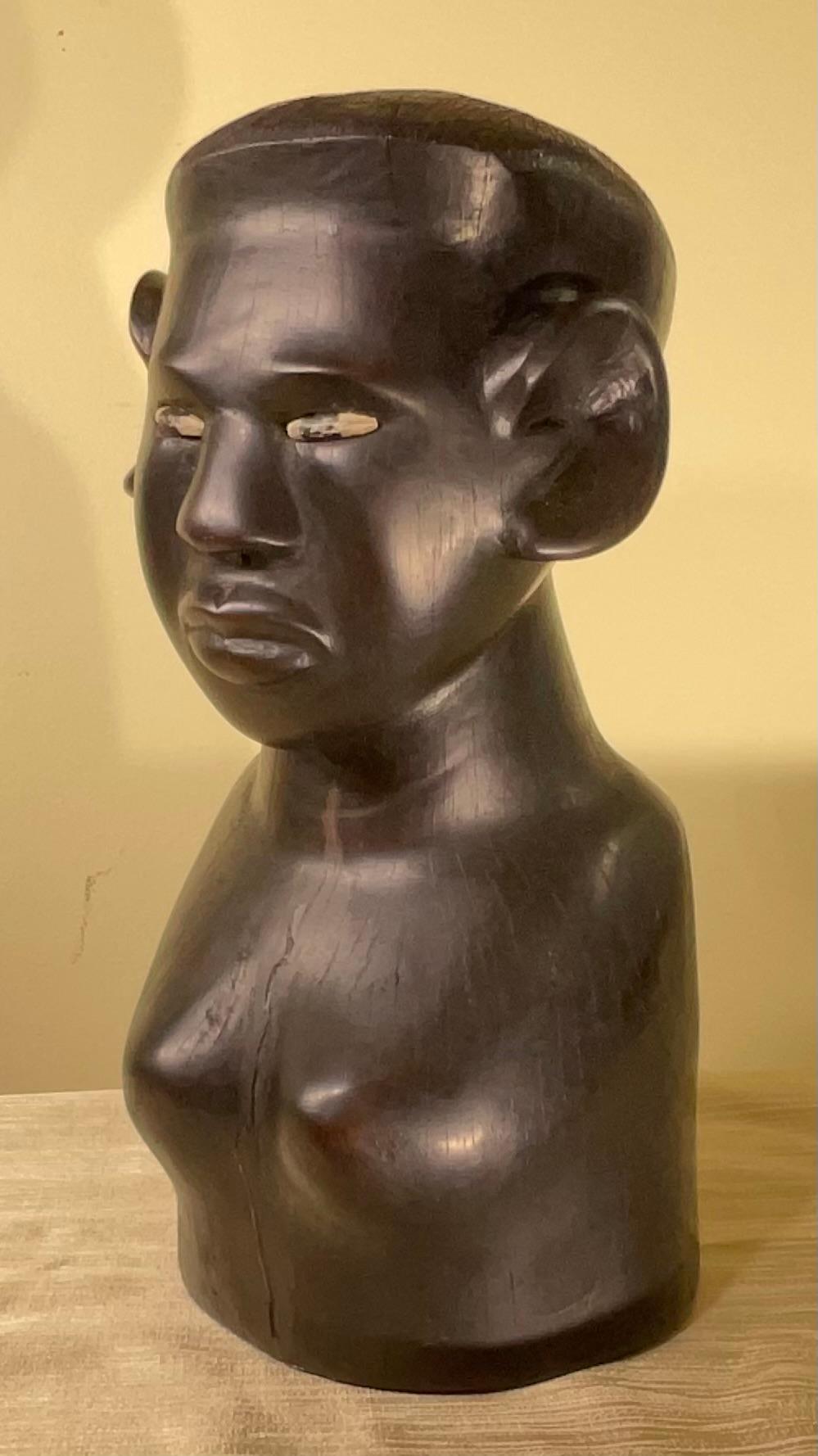 Hand-Carved Ebony Wood Sculpture with Inlaid Eyes For Sale 3