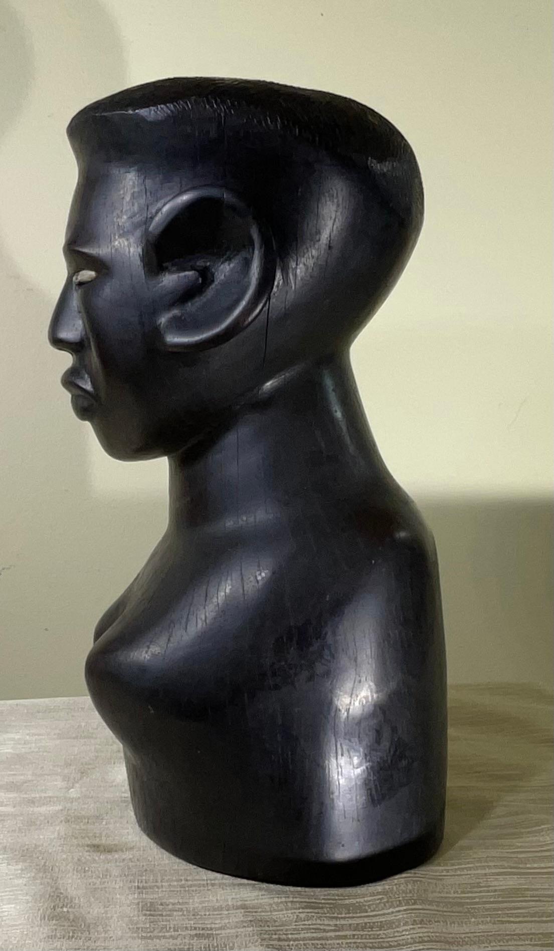 Hand-Carved Ebony Wood Sculpture with Inlaid Eyes For Sale 4