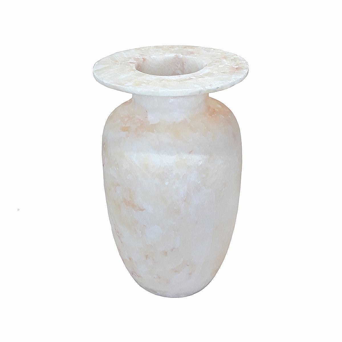 A decorative alabaster vase, hand-crafted in Luxor, Egypt. Single-disk top, narrow top opening. Measures: 15 inches high, 9 inches diameter. 

