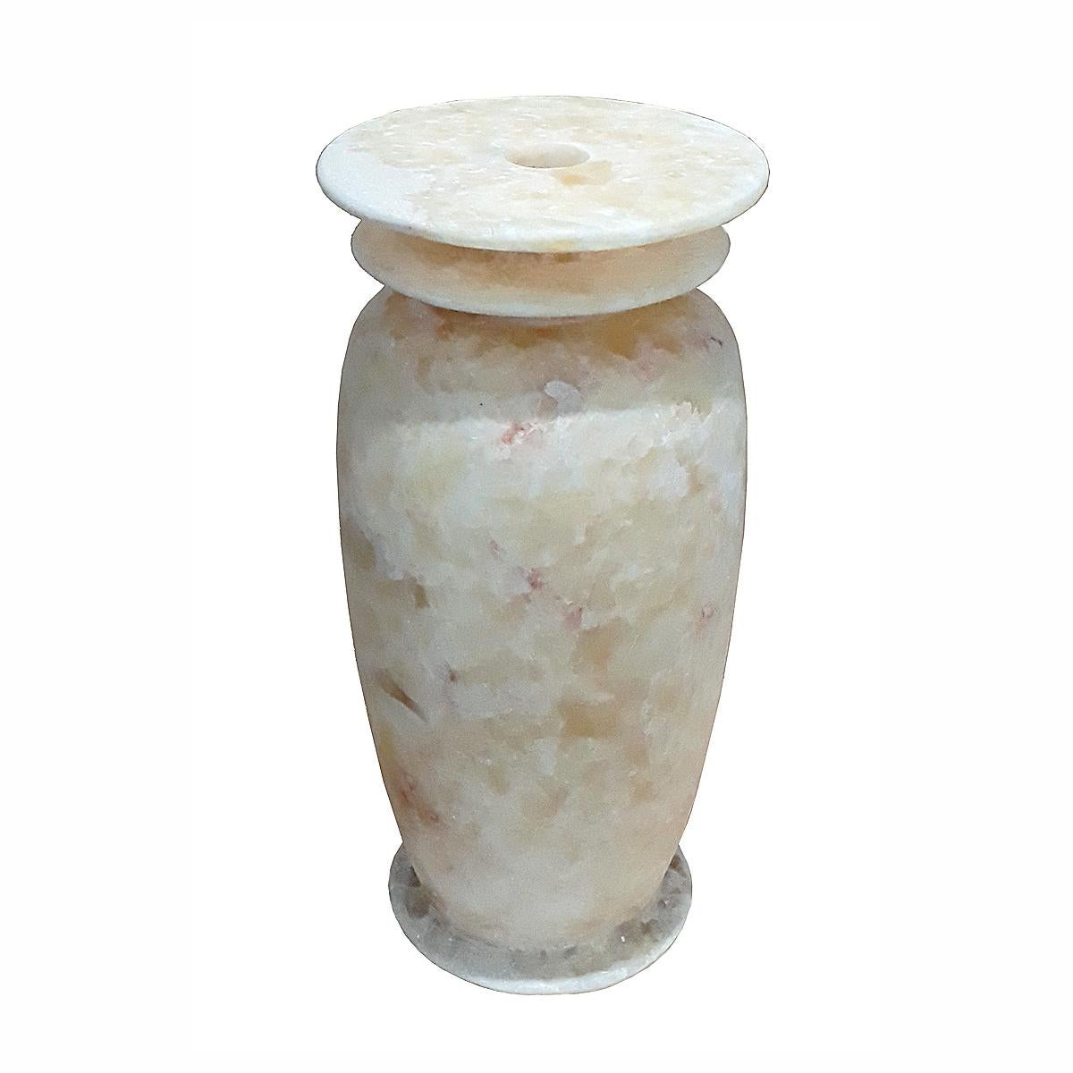 A decorative alabaster vase, hand-crafted in Luxor, Egypt. Double-disk top, narrow top opening. 18 inches high, 9 inches diameter. 

 