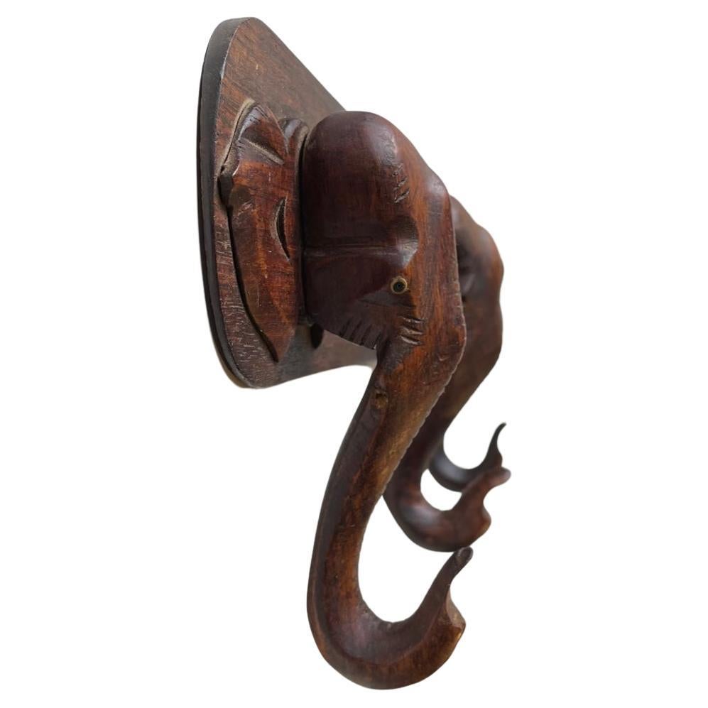 Hand-Carved Elephant Coat or Towel Rack in Dark Wood, 1930s For Sale