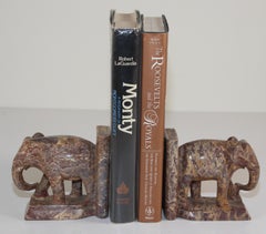 Hand-Carved Elephant Marble Sculpture Bookends, Art Deco Style, 1950s