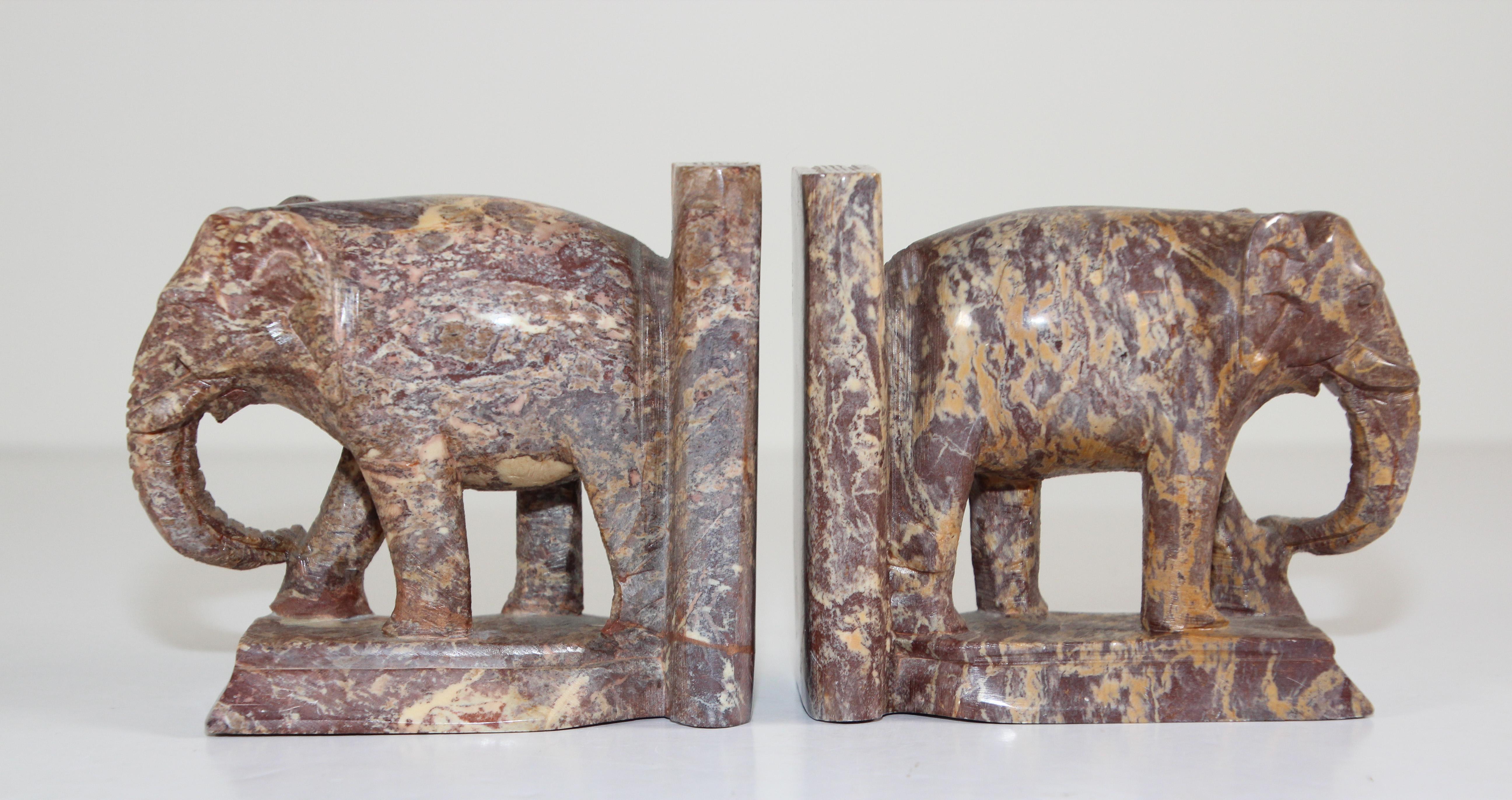 Asian Hand-Carved Elephant Marble Sculpture Bookends, Art Deco Style, 1950s