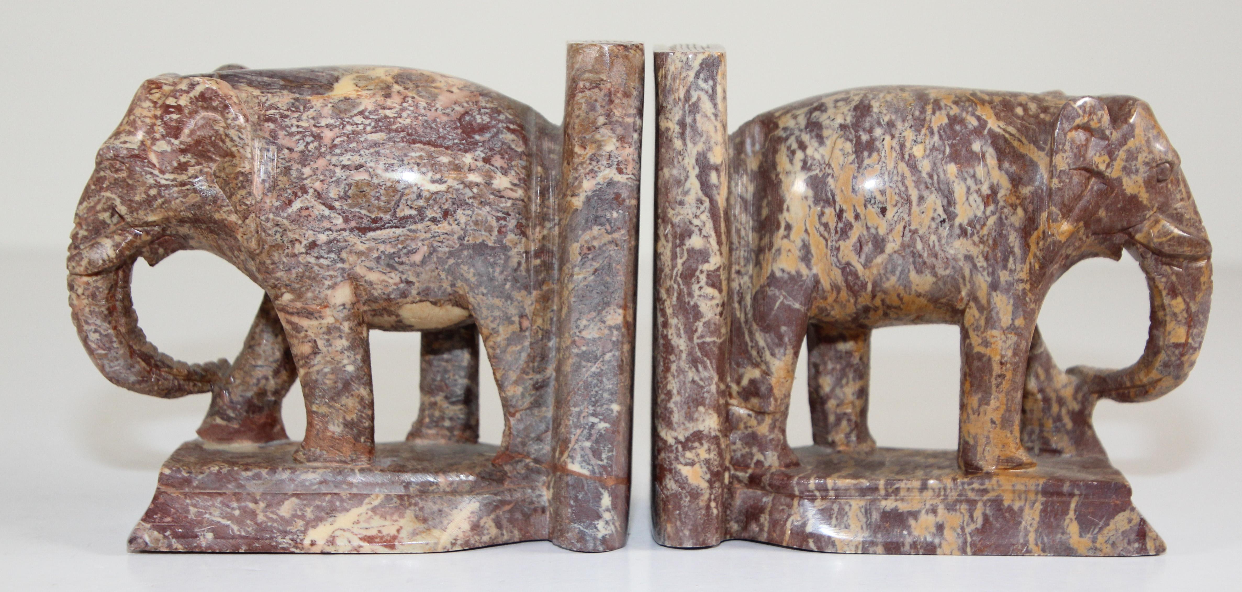 20th Century Hand-Carved Elephant Marble Sculpture Bookends, Art Deco Style, 1950s