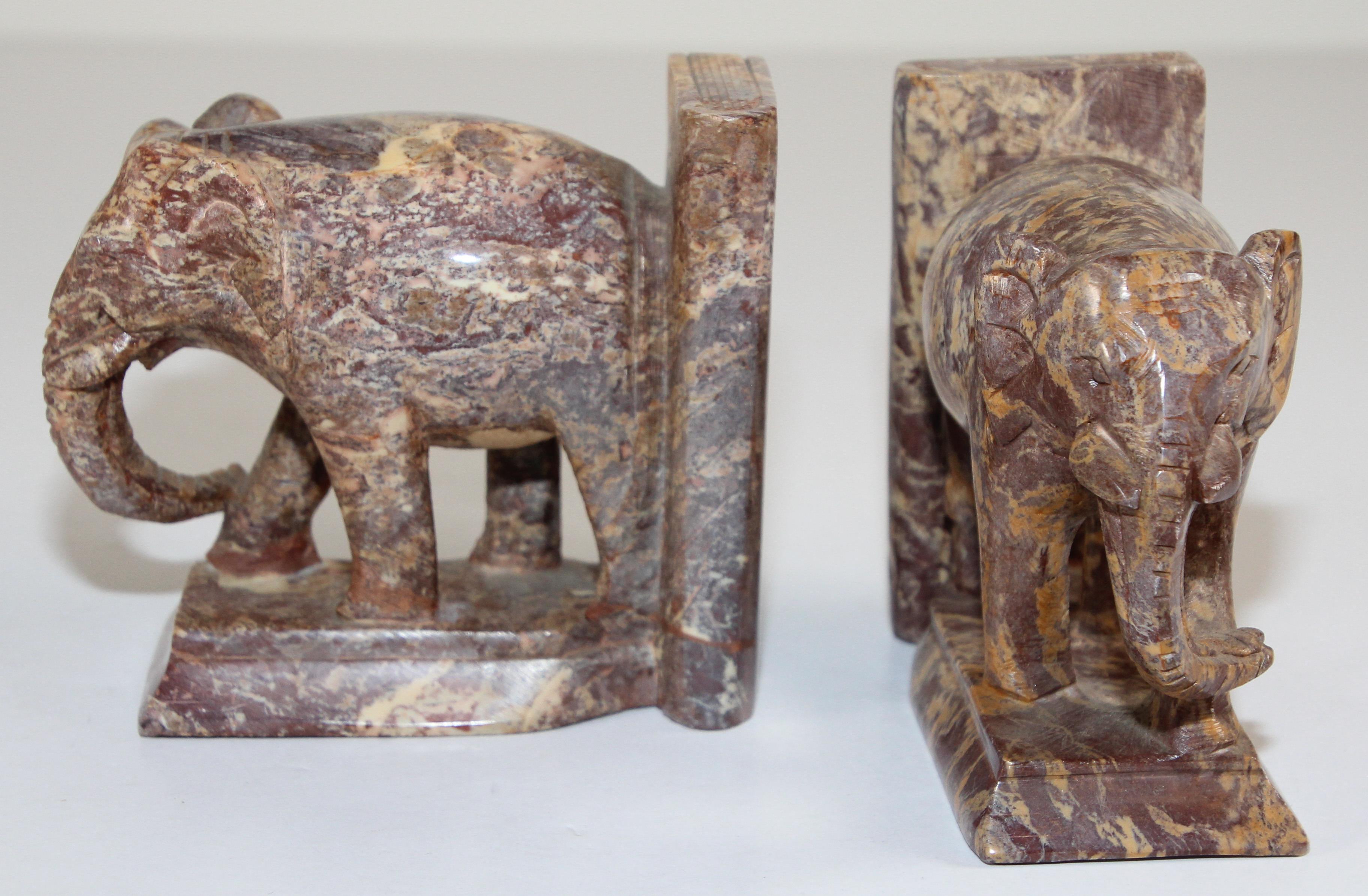 Hand-Carved Elephant Marble Sculpture Bookends, Art Deco Style, 1950s 1