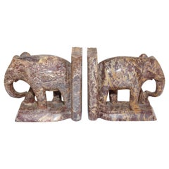 Hand-Carved Elephant Marble Sculpture Bookends, Art Deco Style, 1950s