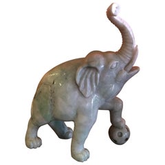 Vintage Hand Carved Elephant Sculpture in White Jade