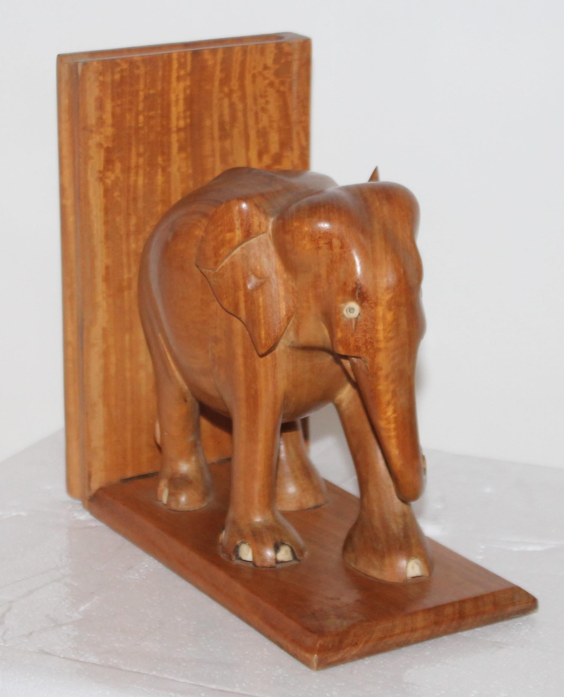 Arts and Crafts Hand Carved Elephants Bookends, Pair