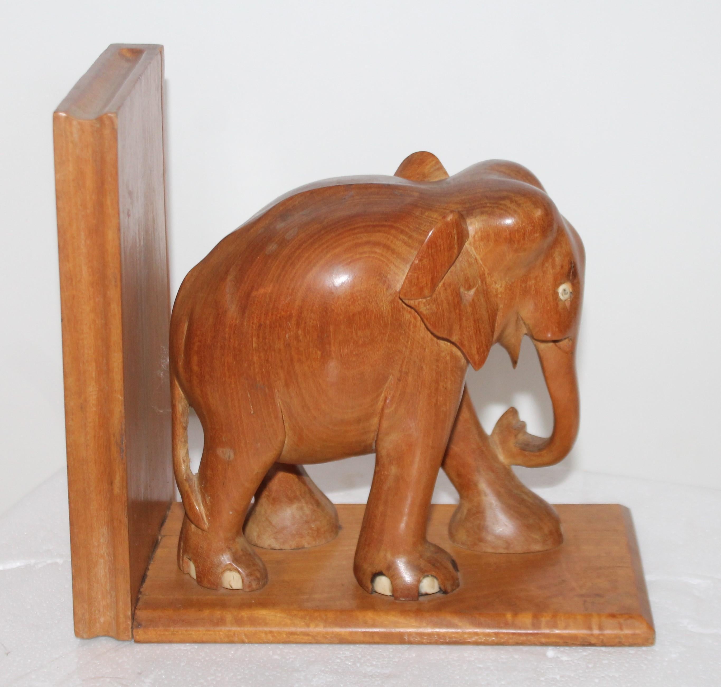 American Hand Carved Elephants Bookends, Pair