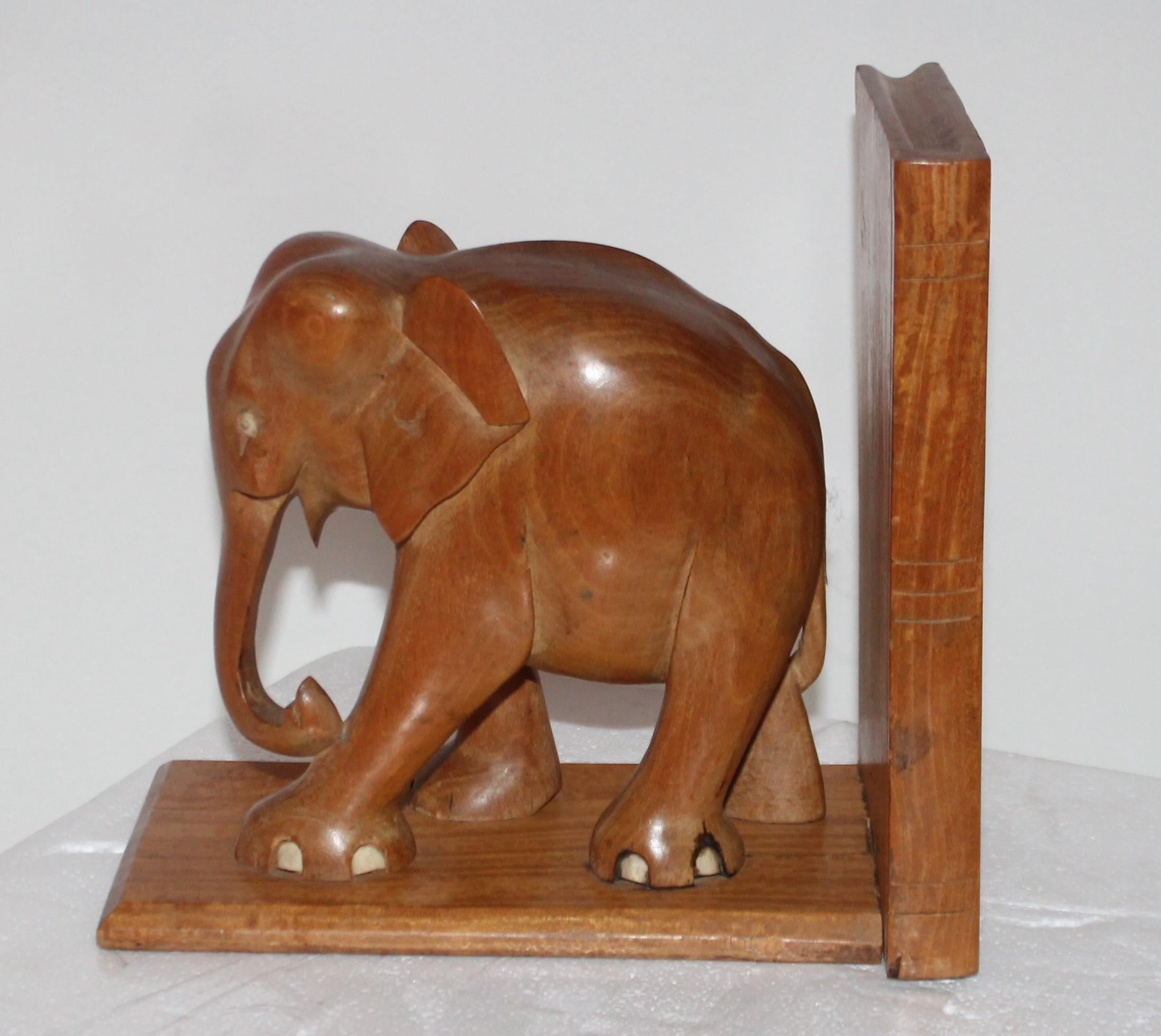 Hand-Carved Hand Carved Elephants Bookends, Pair