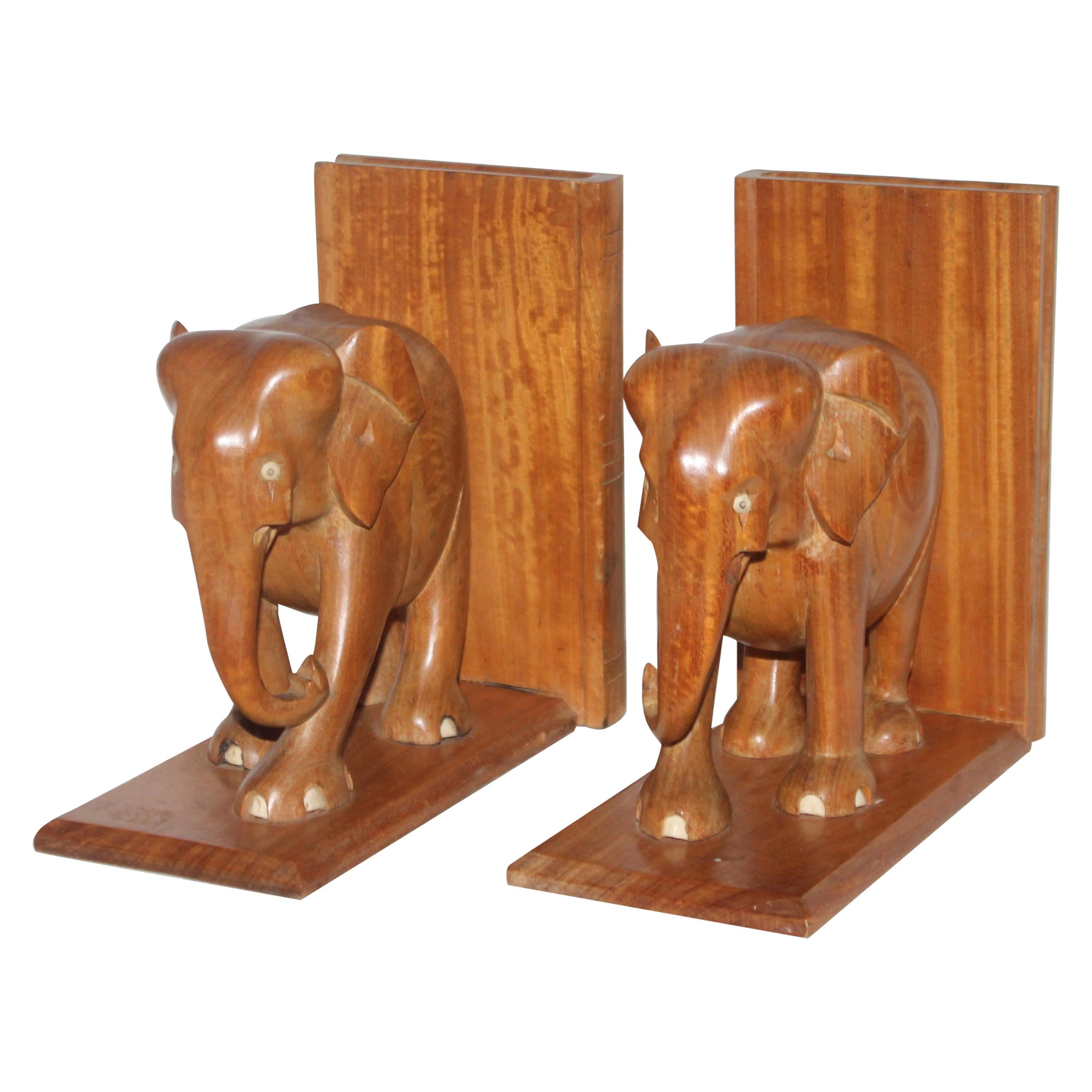 Hand Carved Elephants Bookends, Pair