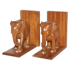 Hand Carved Elephants Bookends, Pair