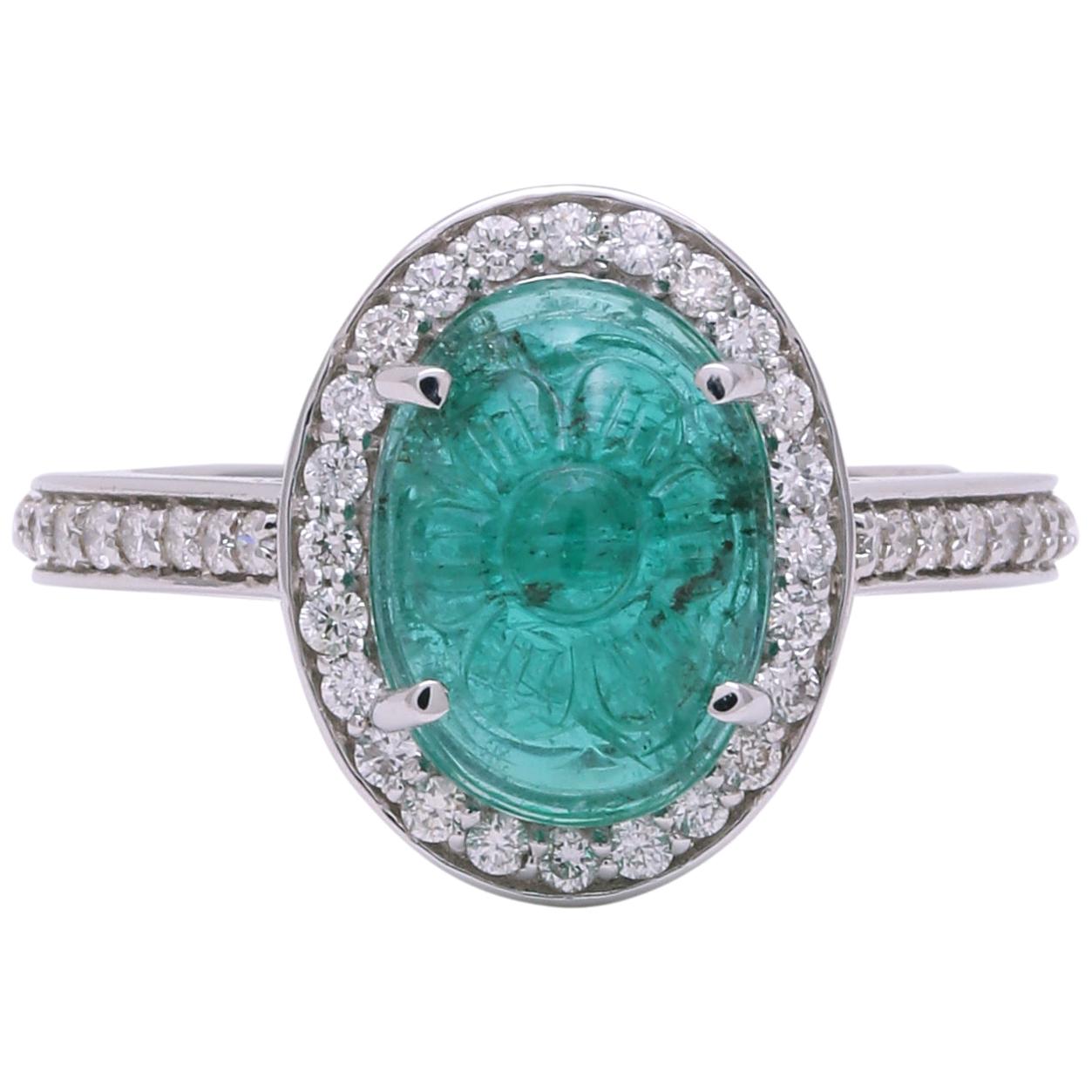 Hand Carved Emerald Cabochon Ring with Diamond Set in 18 Karat White Gold