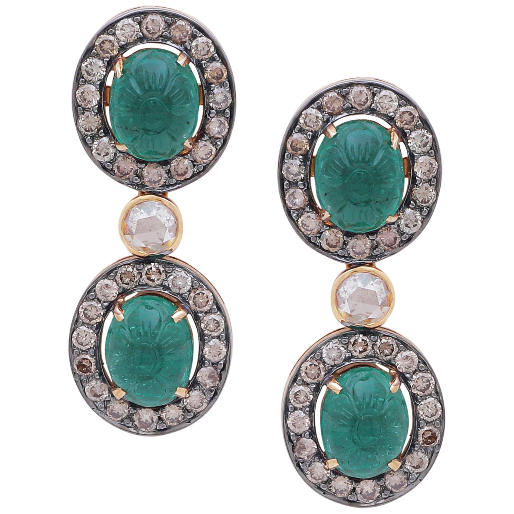 Hand Carved Emerald Earrings with Diamonds Handcrafted in 18 Karat Gold For Sale