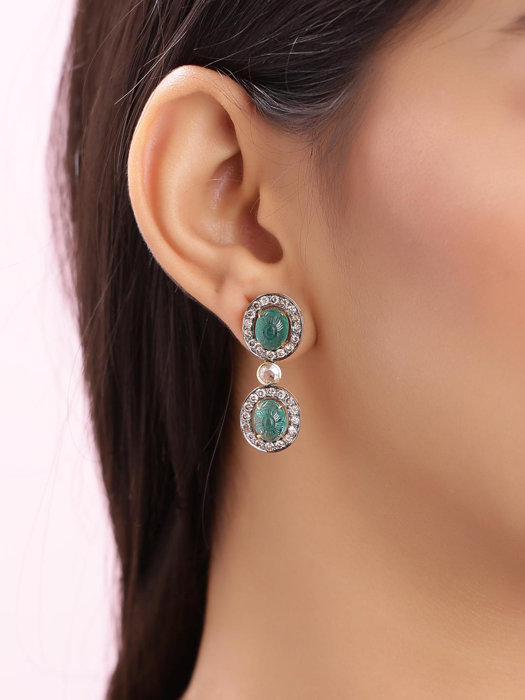 Art Deco Hand Carved Emerald Earrings with Diamonds Handcrafted in 18 Karat Gold For Sale