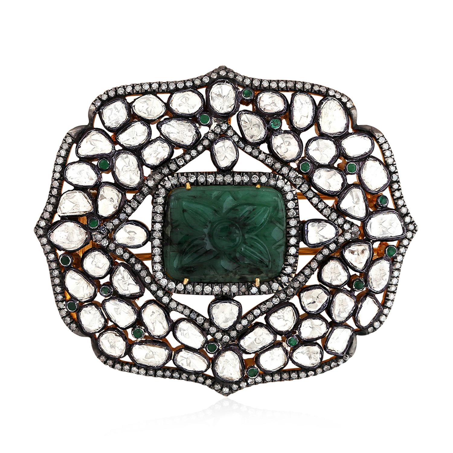 Artisan Hand Carved Emerald Rose Cut Diamond Brooch For Sale