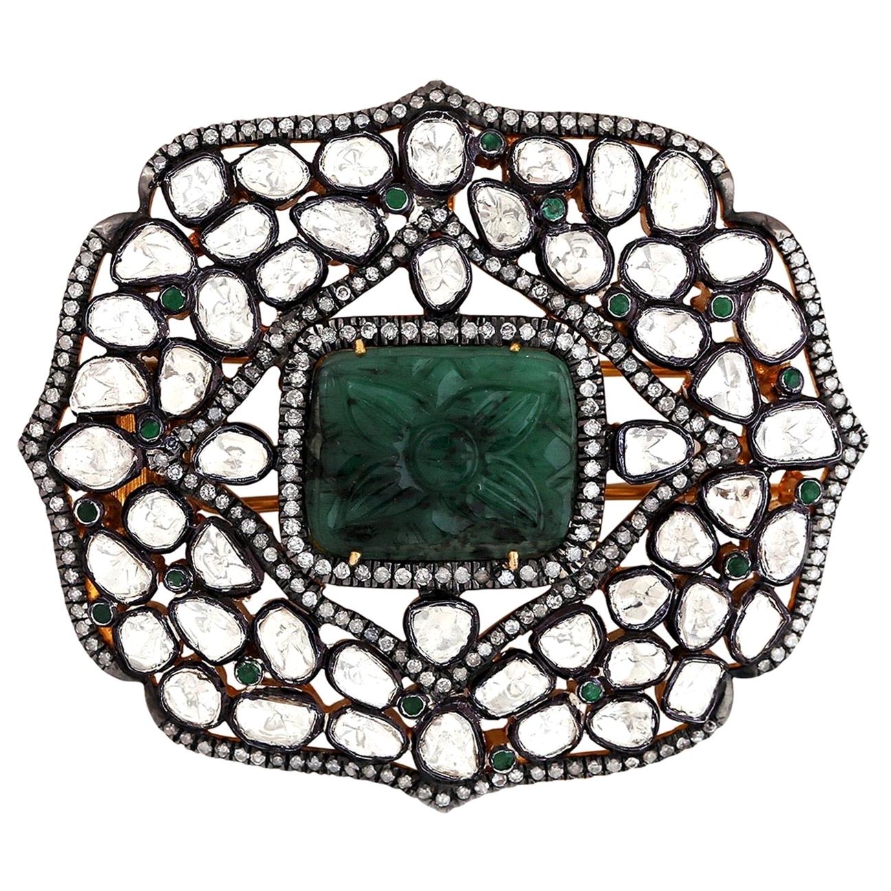 Hand Carved Emerald Rose Cut Diamond Brooch For Sale