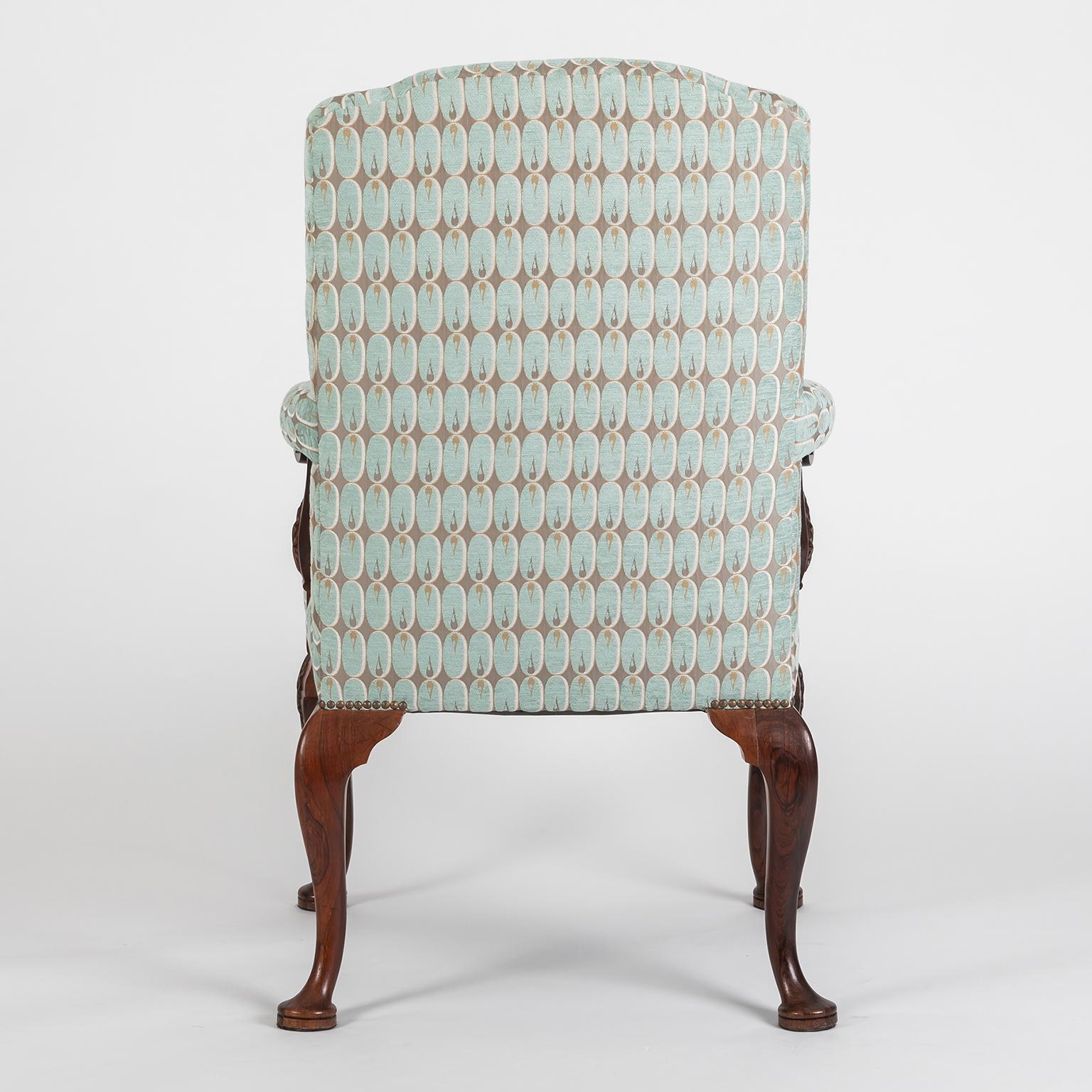 Mahogany Hand Carved English Georgian Style Armchair in Kravet Fabric, Late 19th Century For Sale